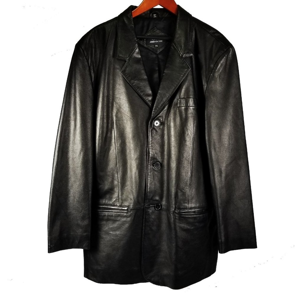 Jones New York City Men's Black Leather Jacket Buttery Soft Button-up Size 44L